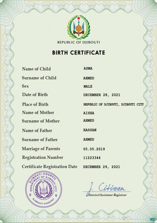 Download Djibouti vital record birth certificate PSD template Photoshop template